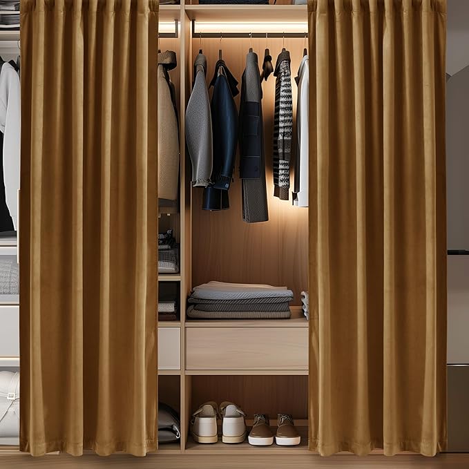 StangH Doorway Curtain Back Tab Gold Brown Velvet Thermal Insulated Sliding Door Panels Privacy Blackout Window Drapes Room Divider for Office Bedroom Closet, W62 x L80, 1 Panel