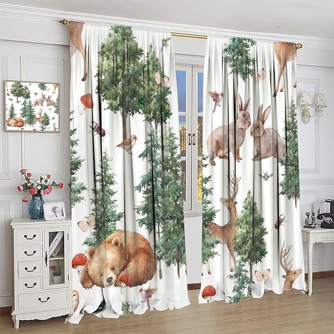 YCness Forest Animal Curtains, Wild Animals Watercolor Woodland Bear Rabbit Cartoon Window Treatments for Kids Bedroom Living Room Kitchen Living Room Drapes, 42x63 Inch