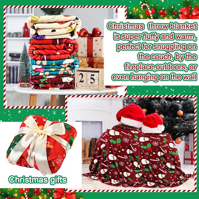 Buryeah 4 Pack Christmas Throw Blankets Bulk Snowman, Gifts, Santa, Gingerbread Man, Xmas Tree Soft Cozy Christmas Plush Flannel Blanket for Sofa, Bed, Couch, Home Decor Xmas Supplies, 40 x 50 Inches