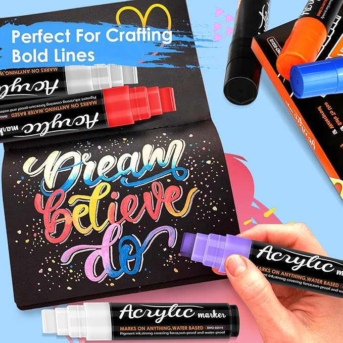 Acrylic Paint Markers, 10 Jumbo Colored Markers, 15mm Jumbo Felt Tip, Waterproof and Permanent Ink Paint Pens for Rock Painting, Stone, Ceramic, Glass, Wood, Canvas, Outdoor Paintings,Signs