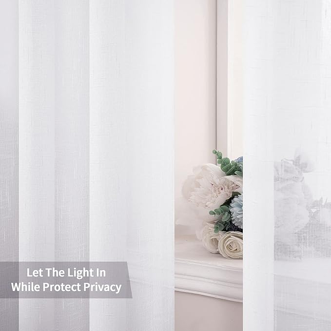 MIULEE Natural Linen Sheer Window Curtains - Elegant Solid White Drapes Grommet Top Voile Panels for Bedroom Living Room (52X90 Inch)