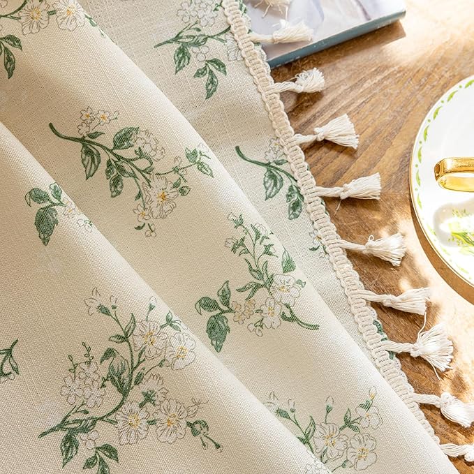 ENJOYBRIDAL White Floral 84 Inch Curtains 2 Panel Set Bedroom Tassel Drapes Boho Decor Semi Sheer Living Room Window Curtain Panels Rod Pocket Patterned Cute Rustic Window Treatments