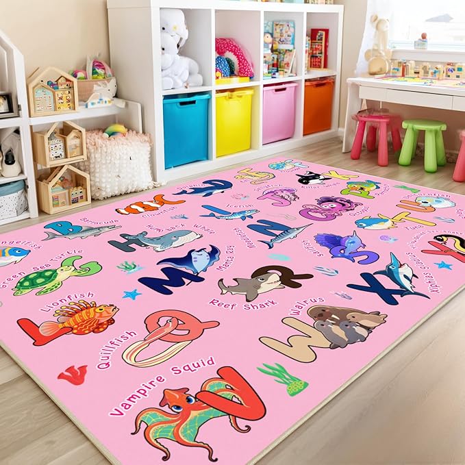 Kids Rug for Playroom, 8x10 Ft Educational Rug for Learn The ABC Alphabet, Soft Machine Washable Non-Slip Cute Marine Organisms Carpet for Classroom Toddler Nursery Kids Room Decor Mat, Pink