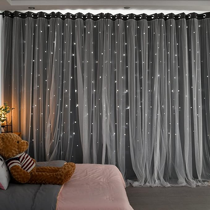Kinryb Kids Blackout Curtains for Bedroom/Living Room/Classroom, Sheer Overlay 2 Panel Set, Double Layer Curtains with Star Cutout for Kids Room(Each Piece W 70 x L 84 Inches 2 Pcs Grey)