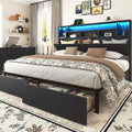 Queen Bed Frame with Large Headboard Storage, Bed Frames with 2 Under Bed Drawers, Built-in LED Lights Charging Station, Easy Assembly, Black