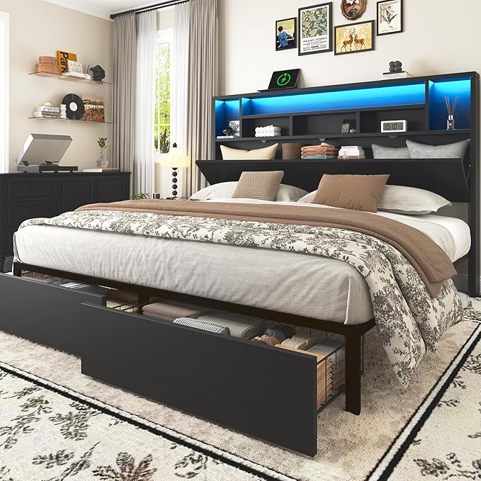 King Bed Frame with Headboard, LED Bed Frmaes with Bookcase Storage and Charging Station, Metal Platform Bed with 2 Storage Drawers, No Box Spring Needed, Black