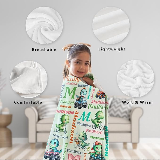Personalized Dinosaur Truck Blanket Gifts for Girls Boys Women - Super Soft Cozy Warm Throw Sheet for Couch Bed Sofa Office Decor All Season 90"x120" for Whole Family