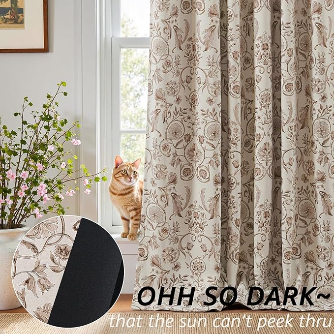jinchan Floral Blackout Curtains for Bedroom Living Room 63 Inches Length Farmhouse Curtains Room Darkening Vintage Short Drapes Traditional Rod Pocket Window Treatment 2 Panels Set Taupe on Beige