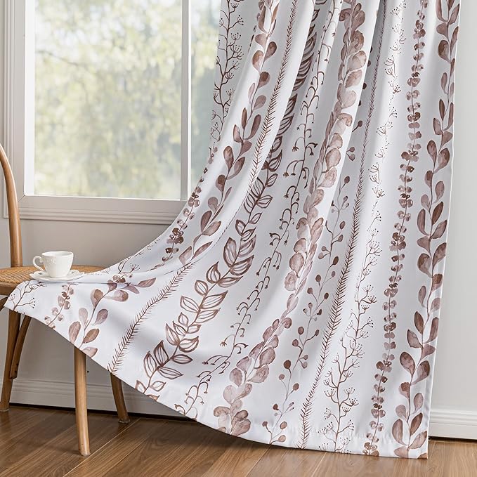 MEETSKY 95% Blackout Curtains for Bedroom, Thermal Insulated Privacy Protection Back Tab Curtains 95 Inches Length for Living Room, Brown Leaf Pattern, 2 Panels, 50" Wide Each
