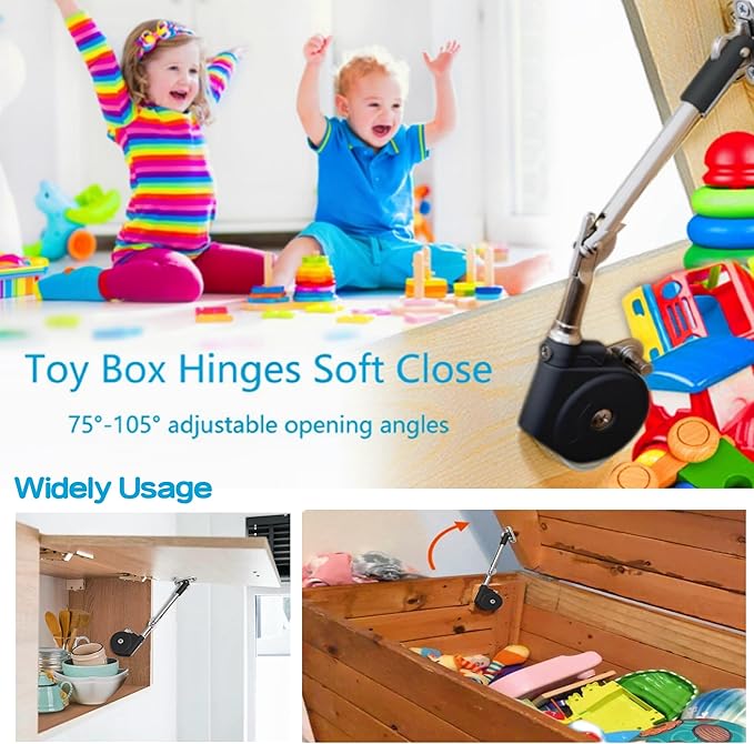 Toy Box Hinges Soft Close - Chest Hinge Lid Stay 105 Degree Open with Soft Close, Lid Support for Toy Box and Upward Top-Opening Flap Doors (Black 2 Pack)