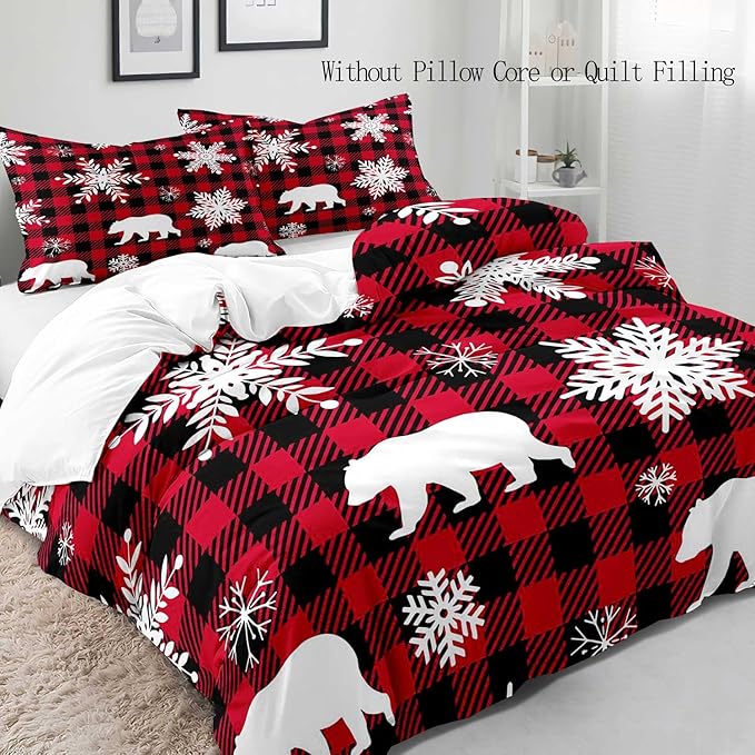 LUVIVIHOME 2PCS Christmas Duvet Cover Twin Bedding Sets, White Snowflake Bear Woodland Animals Cabin Lodge Holiday New Year Xmas Checkered Black Red Buffalo Plaid Comforter Quilt Cover, 1 Pillow Case