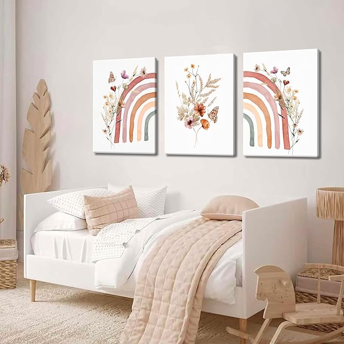 AKWISH Boho Rainbow Wall Art for Girls Room - Set of 3 Framed Wildflower Canvas Prints for Nursery, Baby Girl Room, Kids or Dorm Decor - Soft Pastel Botanical Bohemian Wall Decor 12x16in