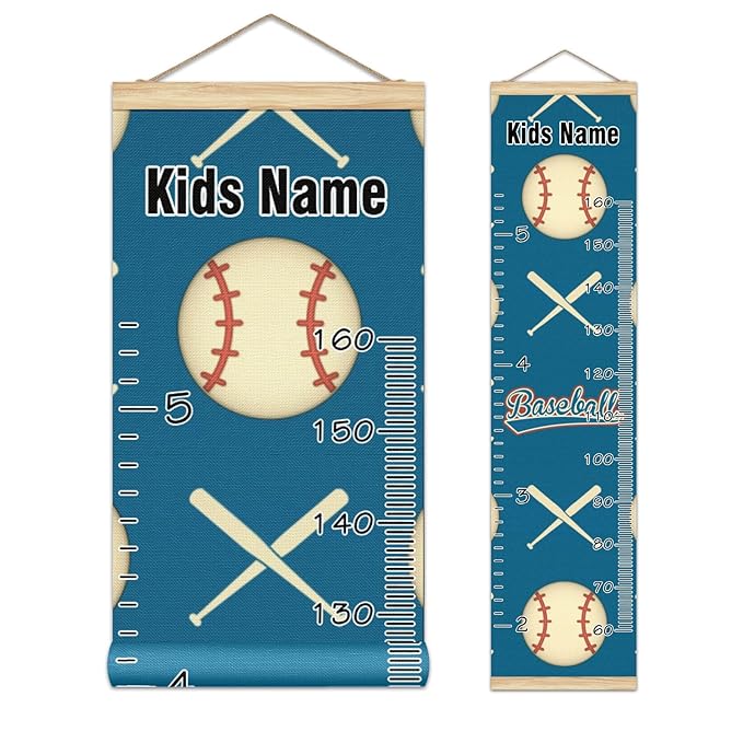 Personalized Kids Name Growth Chart Ruler for Wall Wood Frame Height Measure Chart 13.4x56 in Linen Hanging Height Growth Chart Baseball and Baseball Bat Sport Kids Room Decor