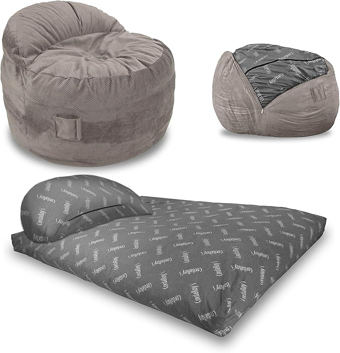 CordaRoy's NEST Gaming Bean Bag Chair-Convertible Bean Bag Chair -Washable Chenille Cover with Pockets for Remote, Controllers-for Living Room,Basement-Queen Size-Charcoal|Made in The USA
