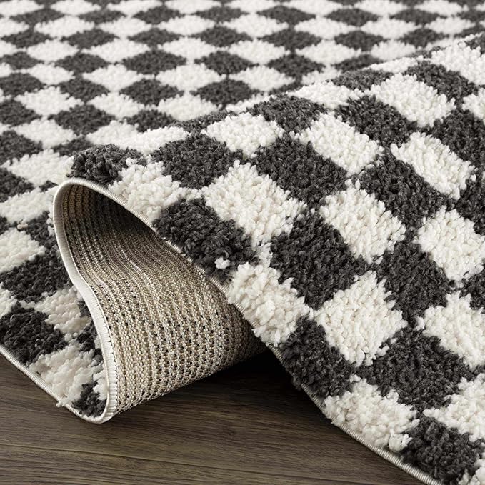 Hauteloom Kieu Contemporary Checkered Fluffy Shag Area Rug - Modern Geometric Soft Carpet Tiles for Living Room, Kids Room, Nursery - Black, White - 18" Sample