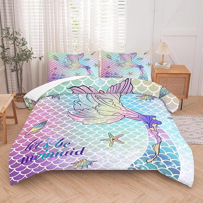 kxry Mermaid Tail Comforter Set Full Size Gradient Fish Scales Sea Bedding Sets for Girls Teens Kids Ocean Starfish Conch Soft Microfiber Lightweight Comforter Set with 1 Comforter + 2 Pillow Cases