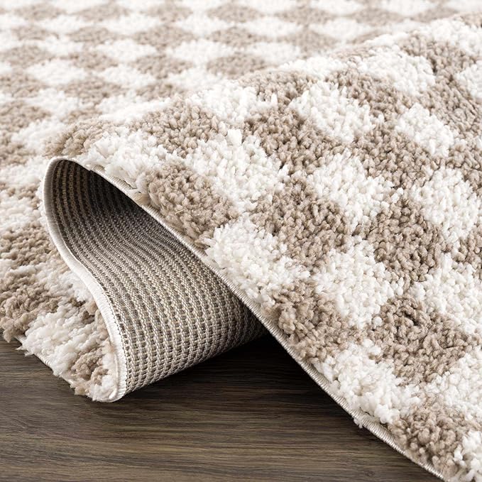 Hauteloom Kieu Contemporary Checkered Fluffy Shag Runner Rug - Modern Geometric Soft Carpet Tiles for Hallway, Kids Room, Nursery - Gray, Taupe, White - 2'7" x 7'3"