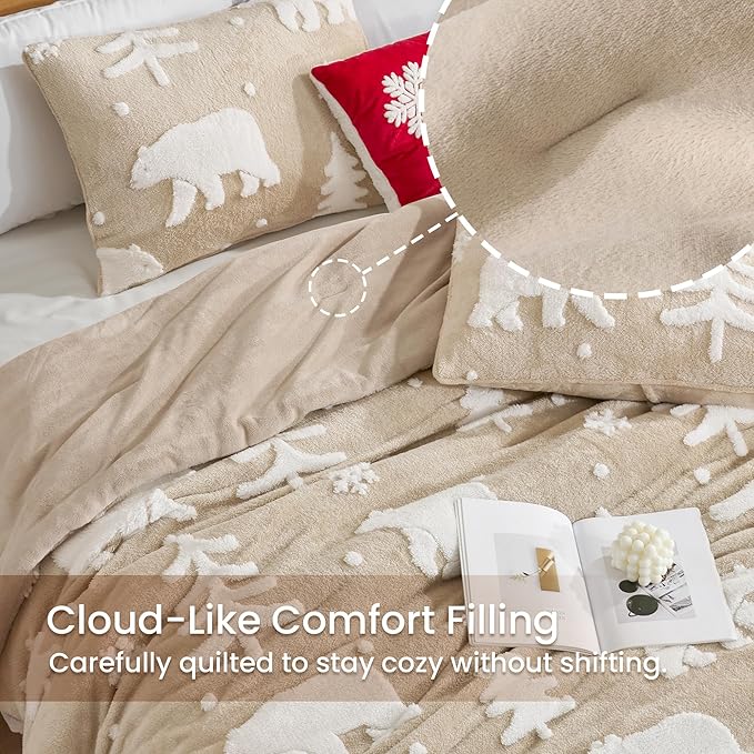 Amélie Home Christmas Comforter Set King, Fluffy Fleece Bedding Set with Polar Bear, Beige Plush Bedding Set for Winter, 3 Pieces, 1 Soft Comforter and 2 Pillow Shams