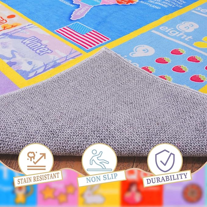 Kids Rugs for Playroom - Soft & Non-Slip 6x6 Feet Round Educational Rug for Learning ABC Alphabet, Numbers, Shapes & Season, Washable Classroom Rug for Toddler Nursery & Kids Room Decor
