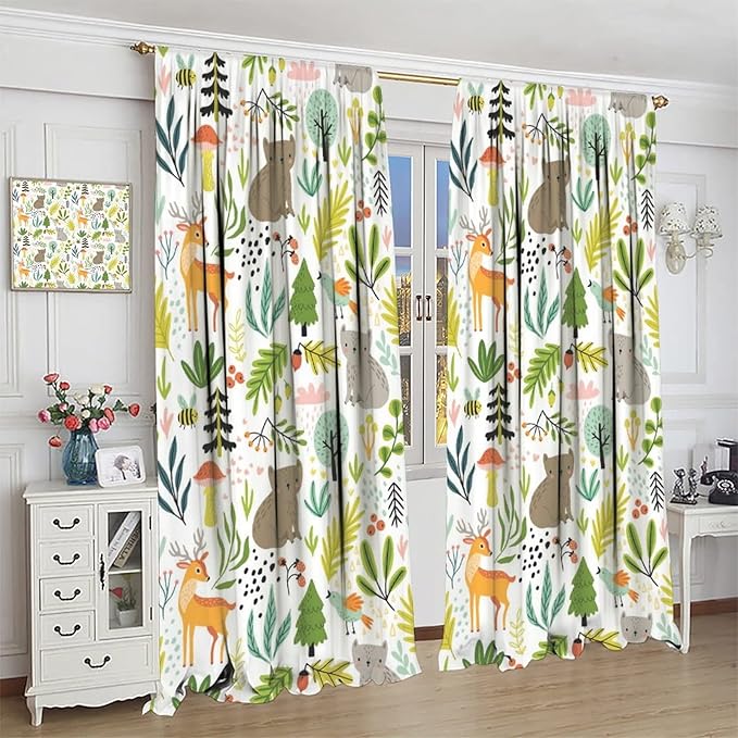 Cartoon Forest Kids Blackout Curtains,Cute Woodland Wild Animals Colorful Deer Plants Trees Print Pattern Thermal Insulation Window Drapes for Nursery Boys Girls Bedroom,White Background 63x72in