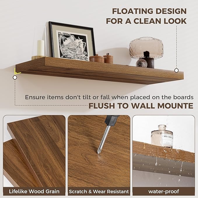 Fun Memories 12 Inch Deep Floating Shelves, 67 Inch Long Extra Large Floating Shelves Set of 2, Wood Wall Shelves for Living Room, Kitchen, Bedroom, Farmhouse, Laundry Room, Home Office - Walnut