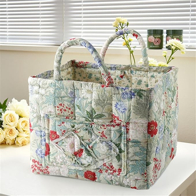 Boho Fabric Storage Basket, Collapsible Floral Laundry Nursery Hamper, Portable Folding Organizer Bin for Home Office Picnic Clothes Toys Books Sundries Storage (Floral 5)