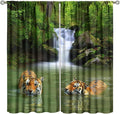Forest Waterfall Landscape Blackout Window Curtains, Animals Tigers Waterfall Woodland Natural Window Drapes, for Living Room Bedroom 55" W X 63" L