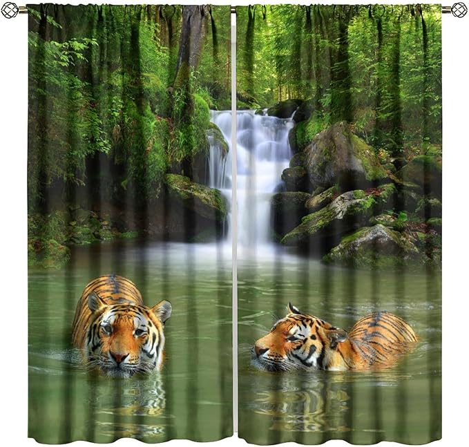 Forest Waterfall Landscape Blackout Window Curtains, Animals Tigers Waterfall Woodland Natural Window Drapes, for Living Room Bedroom 84" W X 84" L