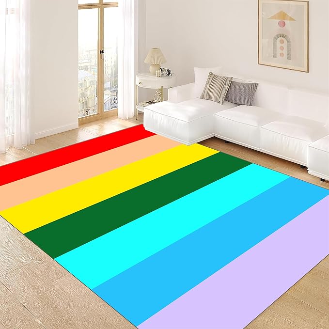 Soft Rainbow Area Rugs Girl's Bedroom Fluffy Colorful Rugs Furry Kids Play Mats Simple Rainbow Line Print Living Room Kids Room Nursery Home Decor 5x8ft