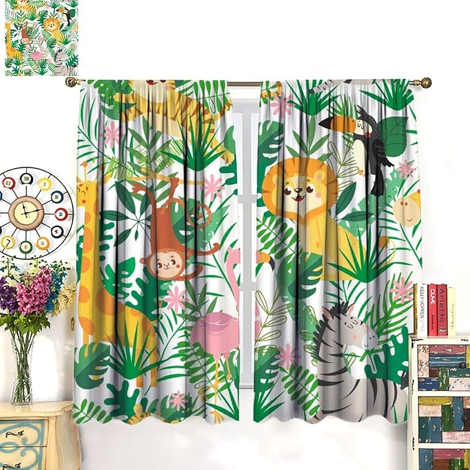 Jungle Animals Curtains Cartoon Cute Lion Giraffe Monkey Zebra Woodland Art Printed for Children Girls Boys Bedroom Nursery Rod Pocket Decoration Window Drapes 2 Panels W27.5xL63in