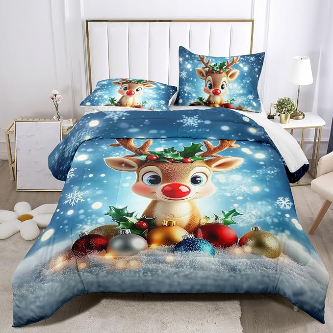 Raphus cucullatus Christmas Bedding Full,Reindeer Christmas Decor Comforter Set,Holiday Bedding Winter Quilt,Snowflake Navidad Comforter Set Full,Cute red Nose Reindeer Quilt