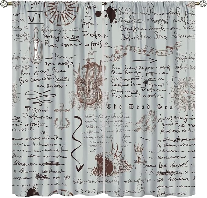 Nautical Theme Window Draperies, Pirate Sailboat Curtains for Bedroom & Living Room, Ocean Window Treatment - Starfish Print, 42x45 Inches, 2 Panels