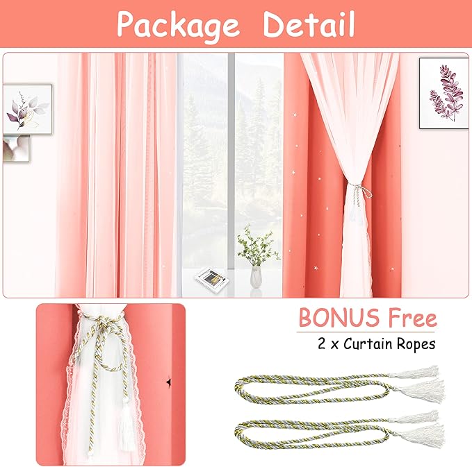 Kinryb Princess Small Curtains for Girls Bedroom with Sheer Overlay,Double Layer Curtain for Living Room with Star Cutout, Curtains for Kids Room (52 W*36 L Inches, 2 Pcs Coral)
