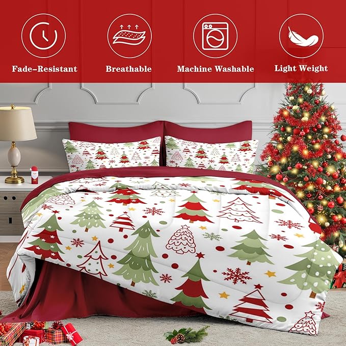7 Pcs Queen Size Christmas Comforter Set with 2 Pillowcases & 2 Shams, Colorful Xmas Tree Bedding for Kids and Adults, Funny Winter Holiday Bed in a Bag with Flat Fitted Sheet