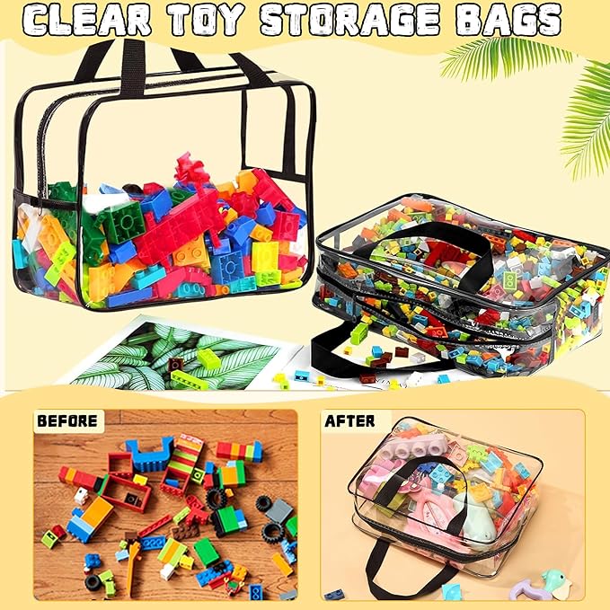 6PCS Toy Storage Bags, Clear Waterproof Toy Organizer Bags with Labels, Suitable for Storing Building Blocks, Puzzles, Stationery, and Books (6PCS XL: 13.8 * 9.25 * 6.9Inch)