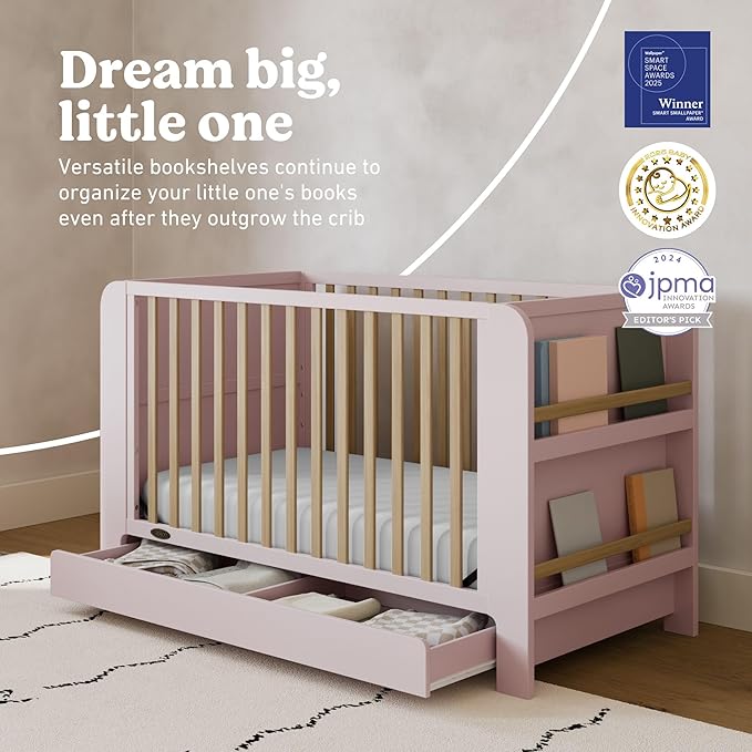 Graco Read-with-Me 4-in-1 Convertible Crib with Drawer (Blush with Driftwood) - GREENGUARD Gold Certified Converts to Toddler Bed, Daybed, and Functional Bookshelves