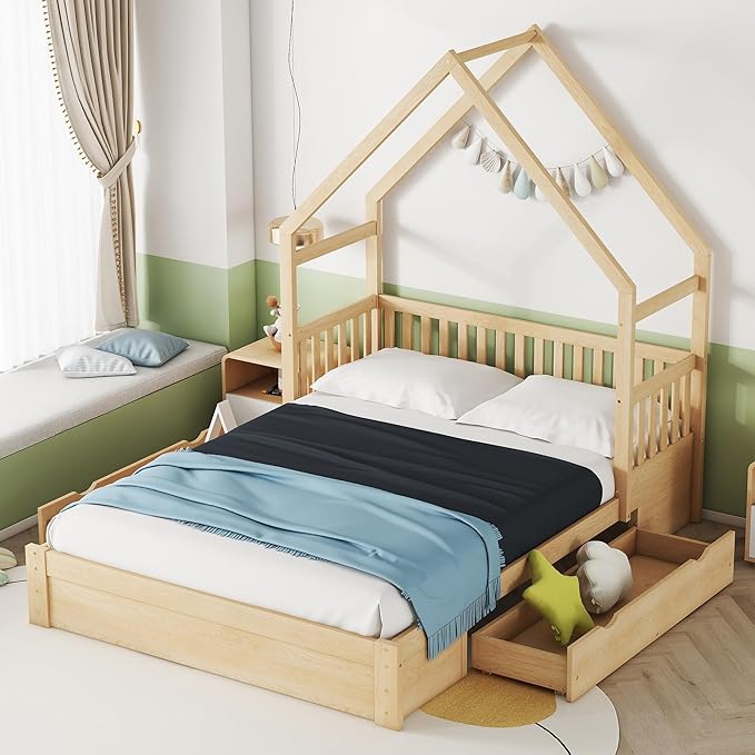 Bellemave Queen Size Wood House Platform Bed with 2 Drawer for Toddlers and Baby, Modern Montessori Platform Bed Frame, No Box Spring Required, Low Floor Bed for Kids' Room or Baby Room (Natural)