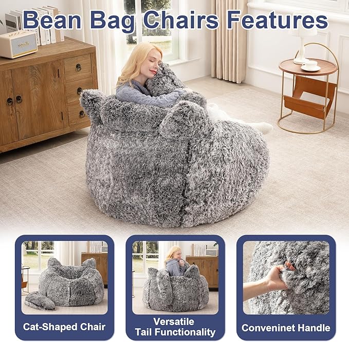 Bean Bag Chair for Adults Teens Giant Faux Fur Bean Bag Chairs with Filler Fluffy Plush Cat Shaped Beanbag Couch Comfy Accent Floor Sofa for Gaming, Reading in Living Room, Bedroom, Dorm