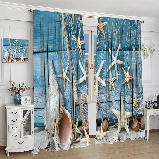Marine Life Blackout Curtains Watercolor Water Grass Shell Print Curtains for Living Room Bedroom Privacy Curtains 42x44 Inches