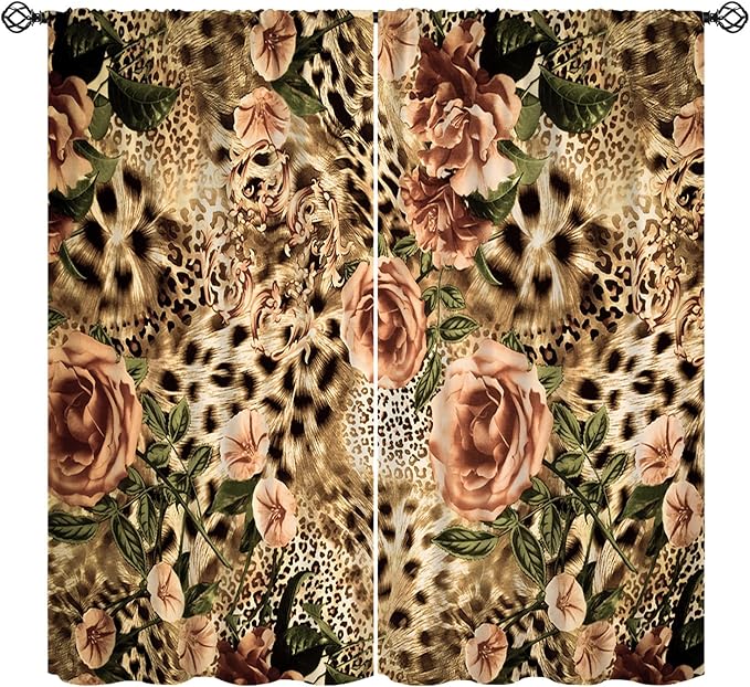Leopard Floral Blackout Curtains, Cute Boho Floral Cheetah Animal Pattern Safari Natural Theme Window Treatments for Bedroom Living Room 42" W X 63" L