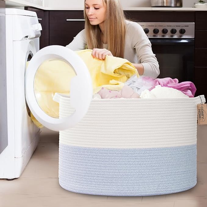 COMFY-HOMI XXXL Large Laundry Basket, Cotton Rope Nursery Woven Basket for Storage, Blanket Baskets Living Room Laundry Hamper, Dog Toy Storage Organizer, Home Decor-21''x21''x13.6''-White/Blue