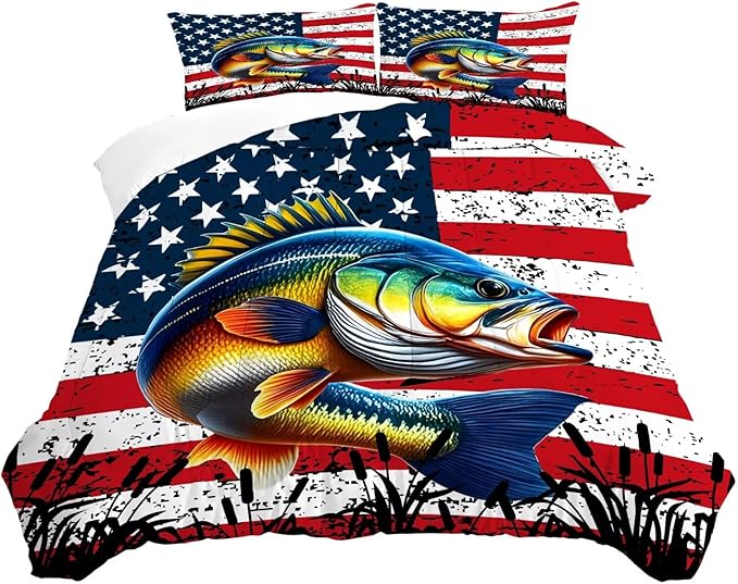 American Flag Comforter Set Full/Queen Size Bass Fish Bedding Set for Men Boys Teens Fishing Lover Bedroom Fisherman Farmhouse Bed Set Wild Quilted, 1 Comforter 2 Pillowcases