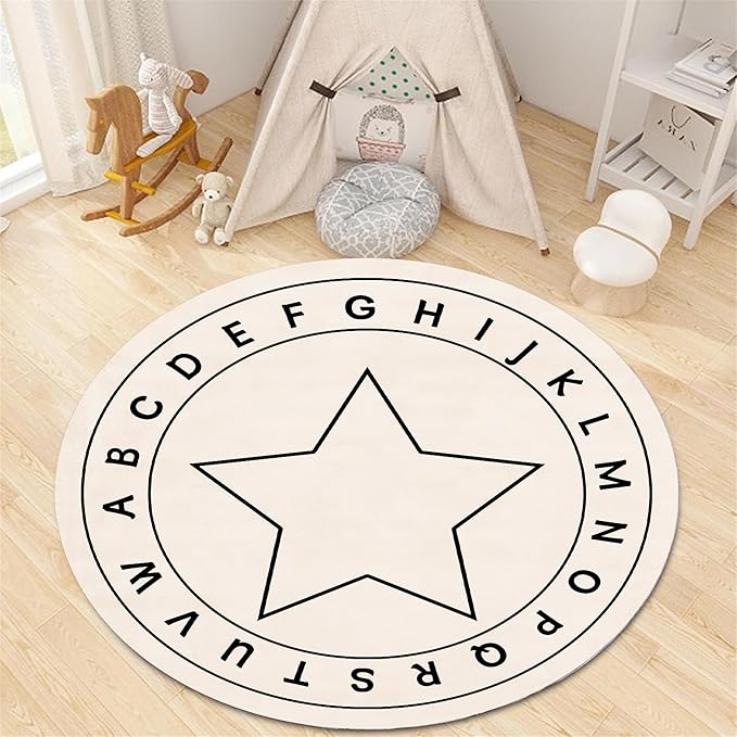 ABC Round Children's Rug,5ft,Children's Educational Learning Area Rug, Cartoon Star Print Soft and Fluffy Rug, Suitable for Nursery, Classroom, Playroom Boys and Girls Bedroom Game Decoration