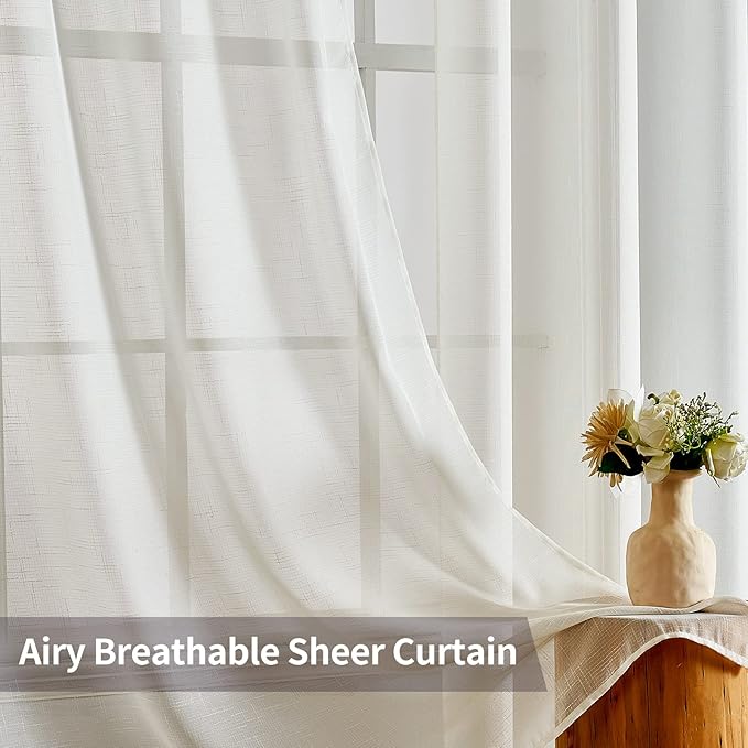 MIULEE 2 Panels Natural Linen Semi Sheer Window Curtains Elegant Solid Ivory Drapes Grommet Top Window Voile Panels Linen Textured for Bedroom Living Room (52X90 Inch)