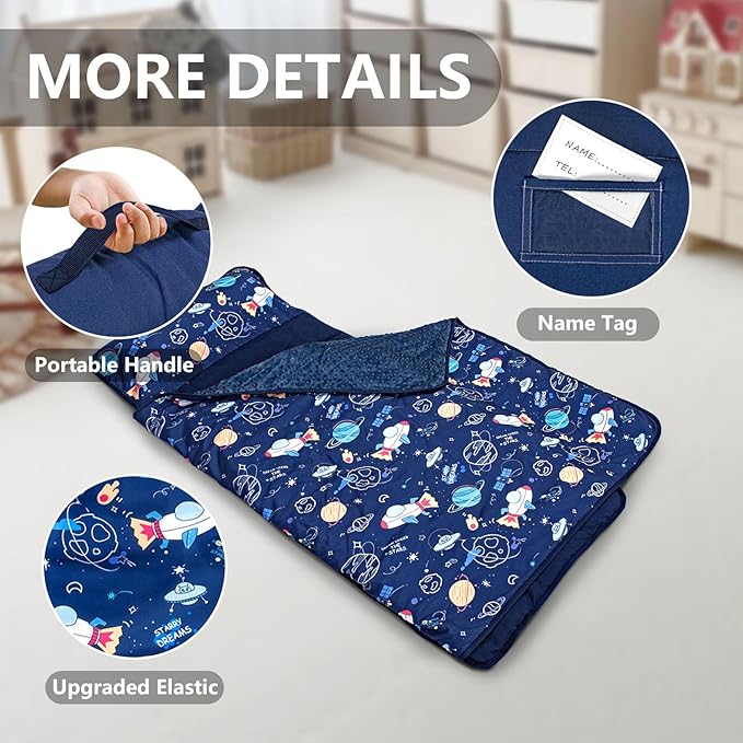 Primlect Toddler Nap Mat with Removable Pillow and Fleece Blanket, Extra Large 55''x35'' Sleeping Bag, Washable, Light, Easy to Roll up, Perfect for Daycare, Preschool, Kindergarten, Travel