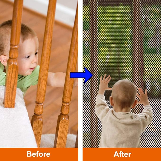 Child Safety Net, Durable Banister Guard for Baby Safety Stairs Railing Balcony Cribs, Banister Stair Mesh Baby Proofing, Easy to Install Stair Netting for Kids, Pets, Toys - (10ft Lx3ft H) Brown