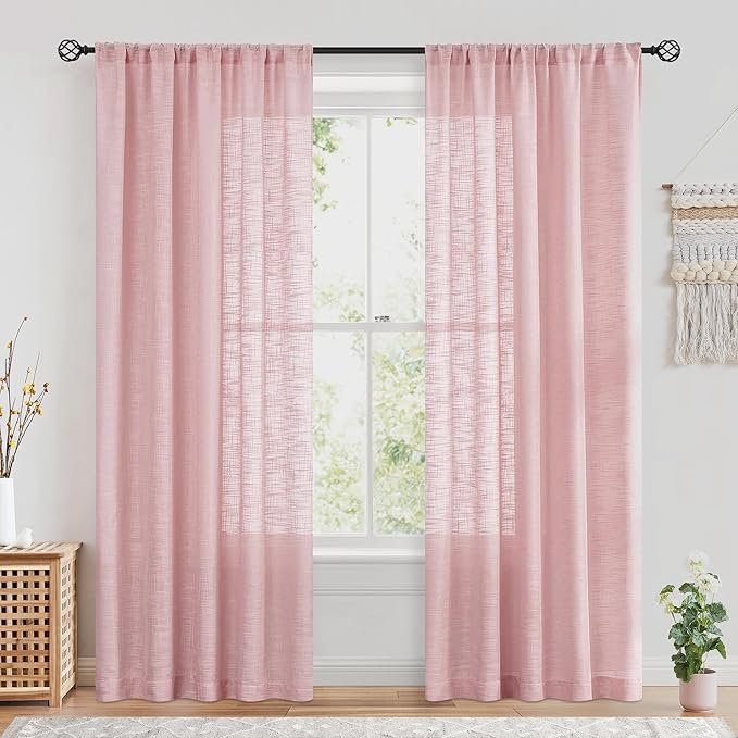 FMFUNCTEX Linen Textured Semi Sheer Pink Curtains for Bedroom Living Room, Blush Pink Curtain Panels 84 Inches Long Sheer Window Drapes Farmhouse Light Filtering 2 Panels Rod Pocket