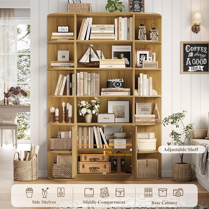 HOSTACK 75" Tall Book Shelf and Bookcase, 6 Tier Bookshelf with Storage, 47" Wide Bookcase with Door, Freestanding Wood Display Shelves with Book Storage Cabinet for Office, Living Room, Natural Oak