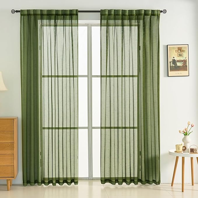 Dark Green Linen Look Pinch Pleated Sheer Curtains 96 Inches Long 2 Panels, 50 Inches Width, Rustic Textured Light Filtering Drapes, Olive Window Curtain with Hooks