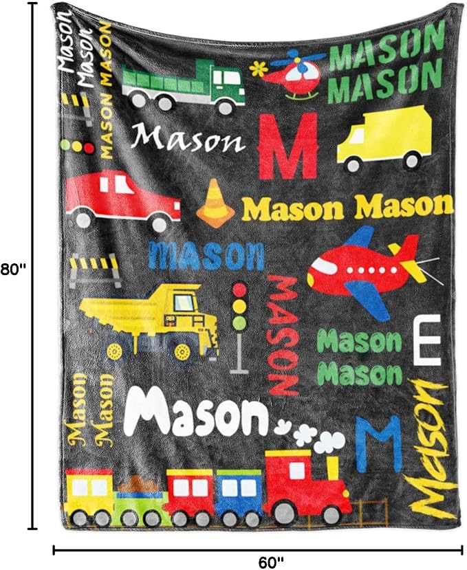 Personalized Blanket with Name for Boys, City Car Transport Custom Name Blanket, Soft Flannel Toddler Blankets Customized Gift for Newborn Baby Shower Birthday-60 x80